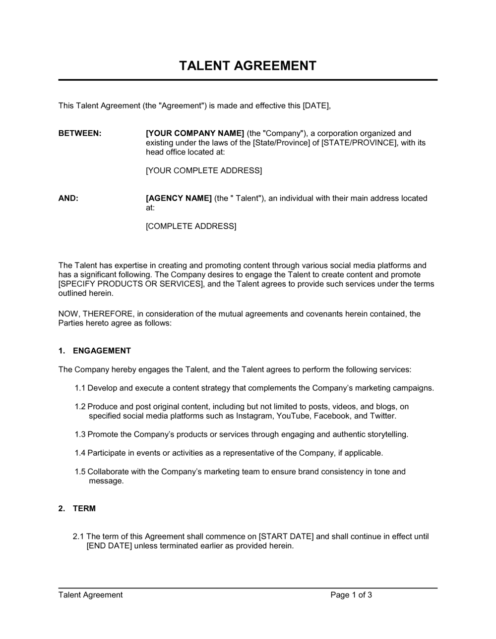 Business-in-a-Box's Talent Agreement Template