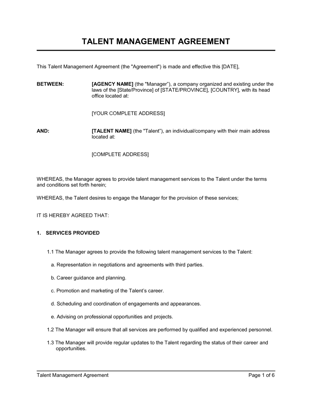 Business-in-a-Box's Talent Management Agreement Template