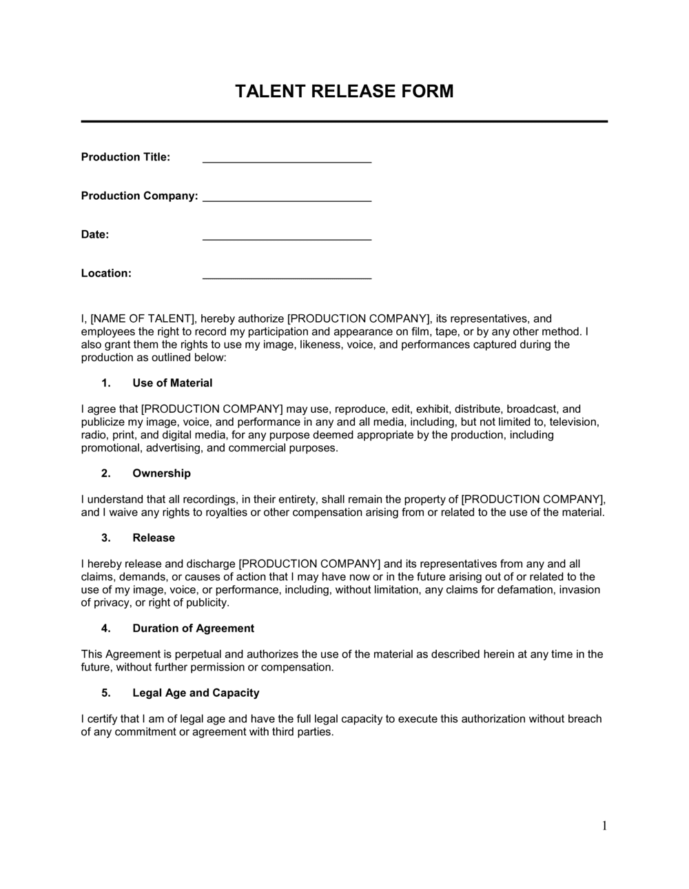Business-in-a-Box's Talent Release Form Template