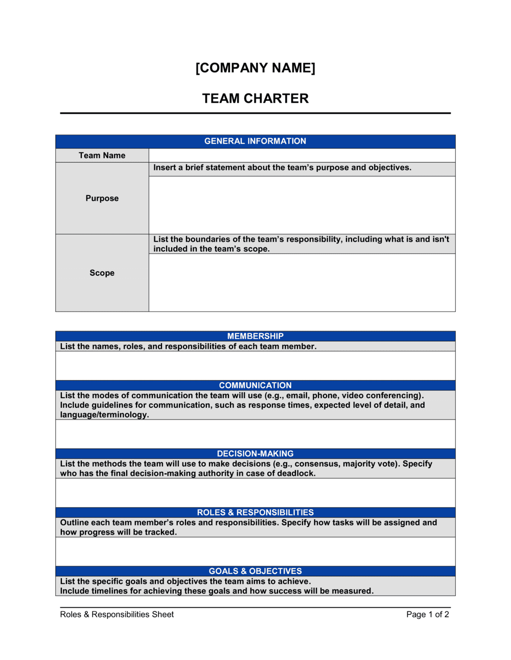 Business-in-a-Box's Team Charter Template