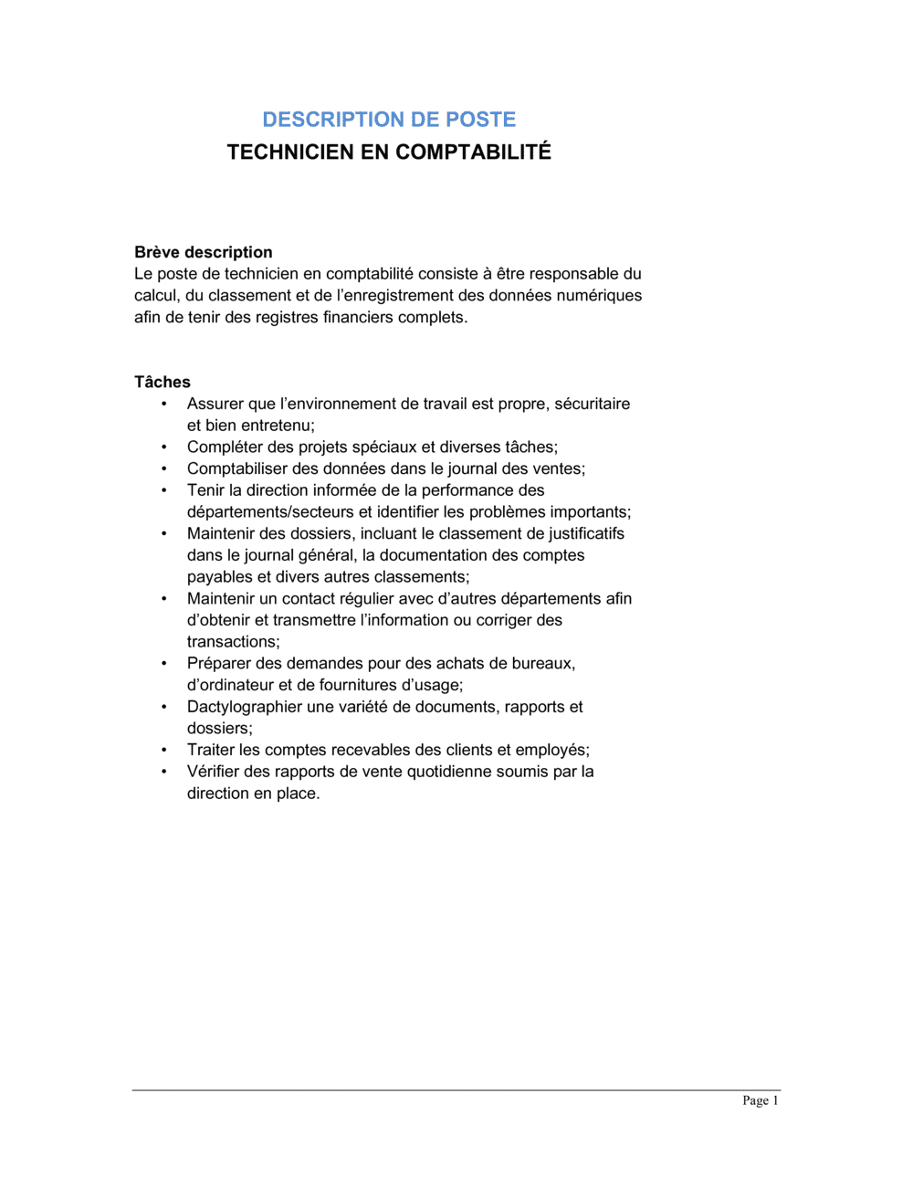 Business-in-a-Box's Technicien en comptabilité Description de poste