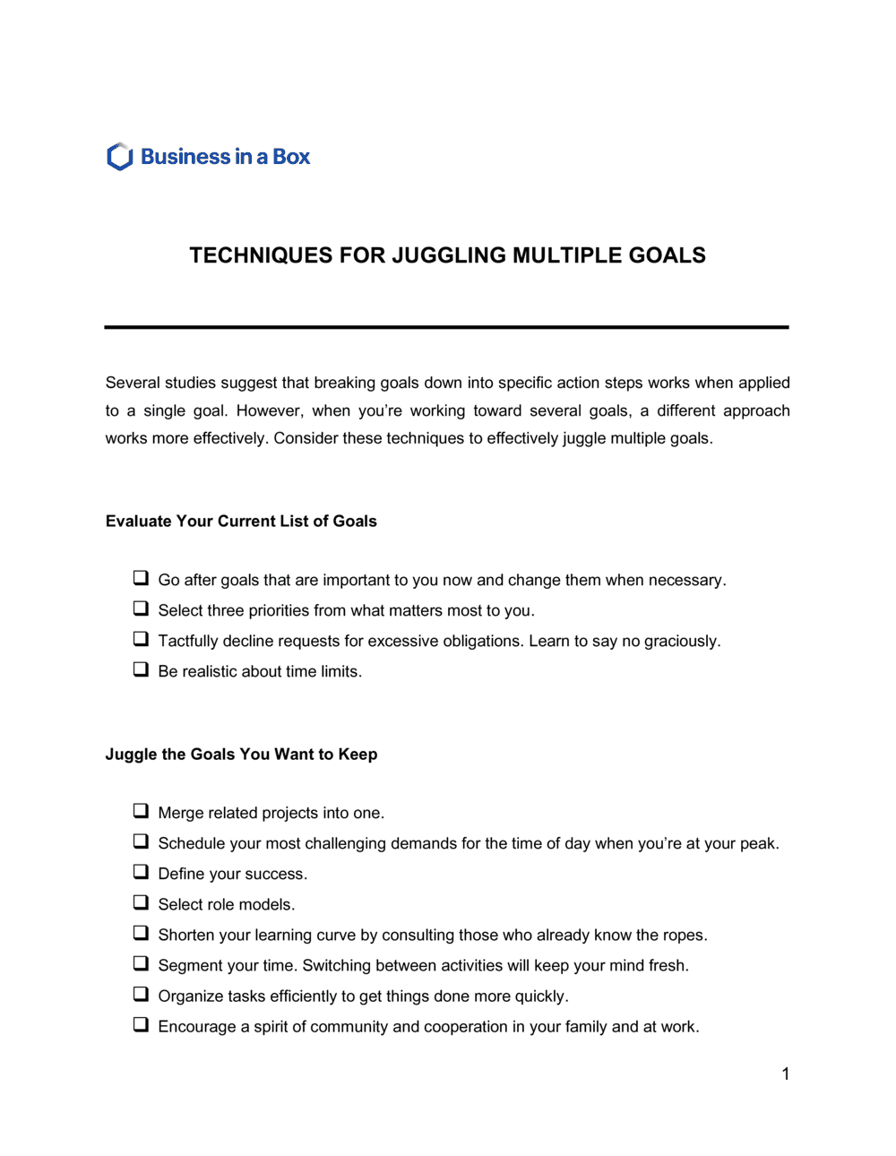 Business-in-a-Box's Techniques For Juggling Multiple Goals Template
