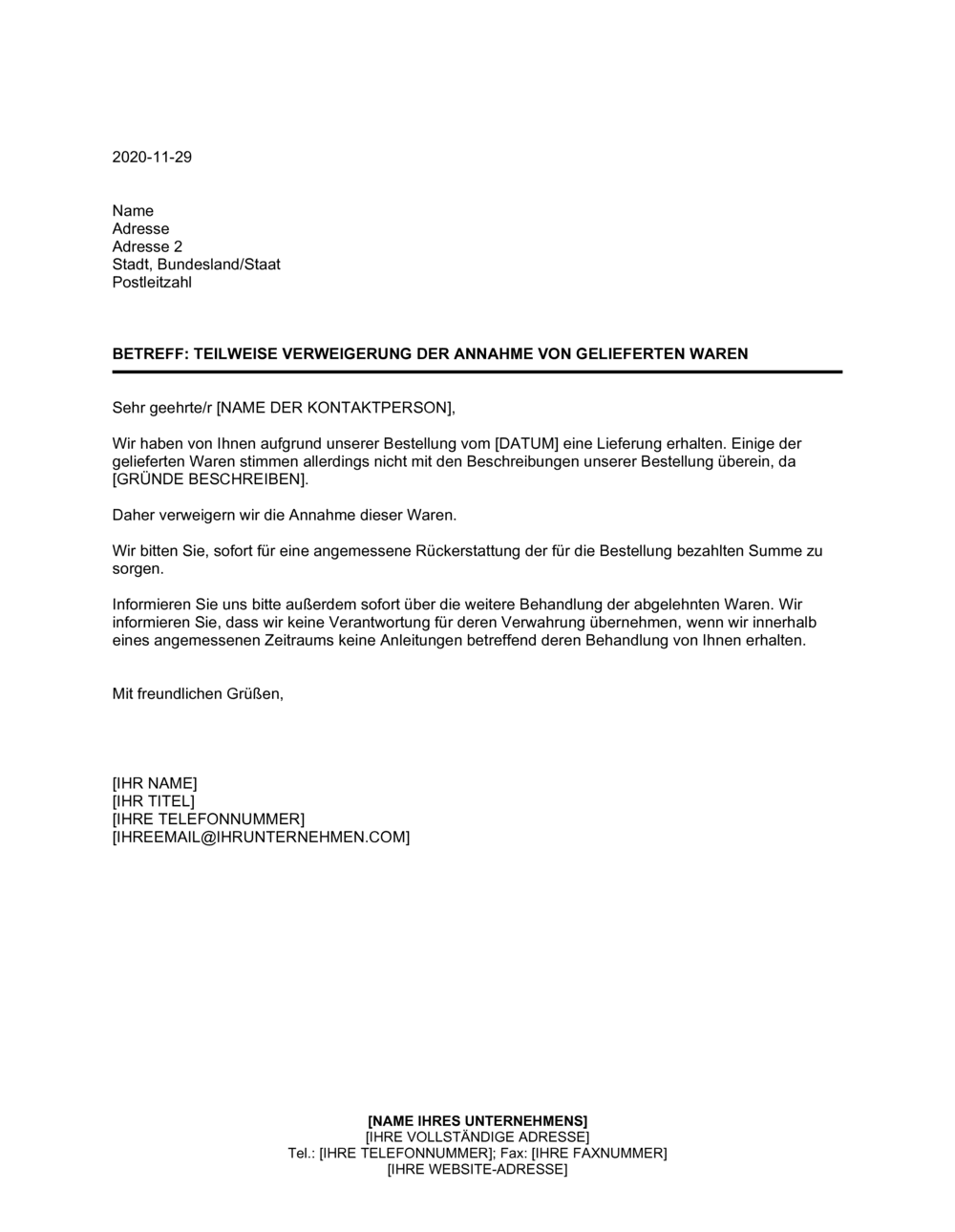 Business-in-a-Box's Teilweise Verweigerung der Annahme von gelieferten Waren