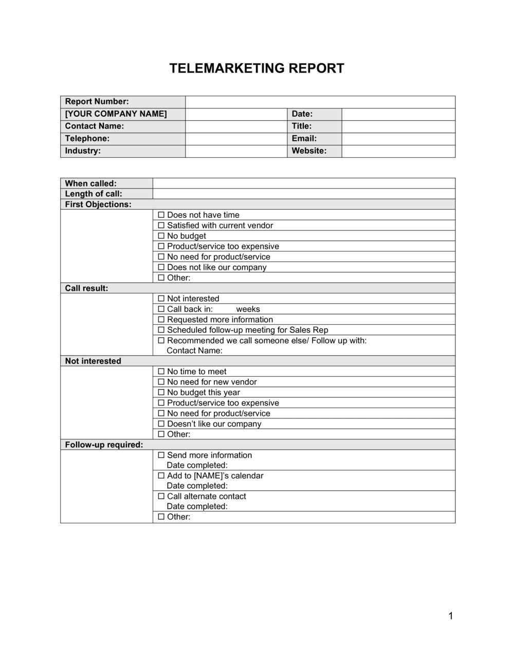 Telemarketing Report Template  by Business-in-a-Box™ Intended For Sales Rep Visit Report Template