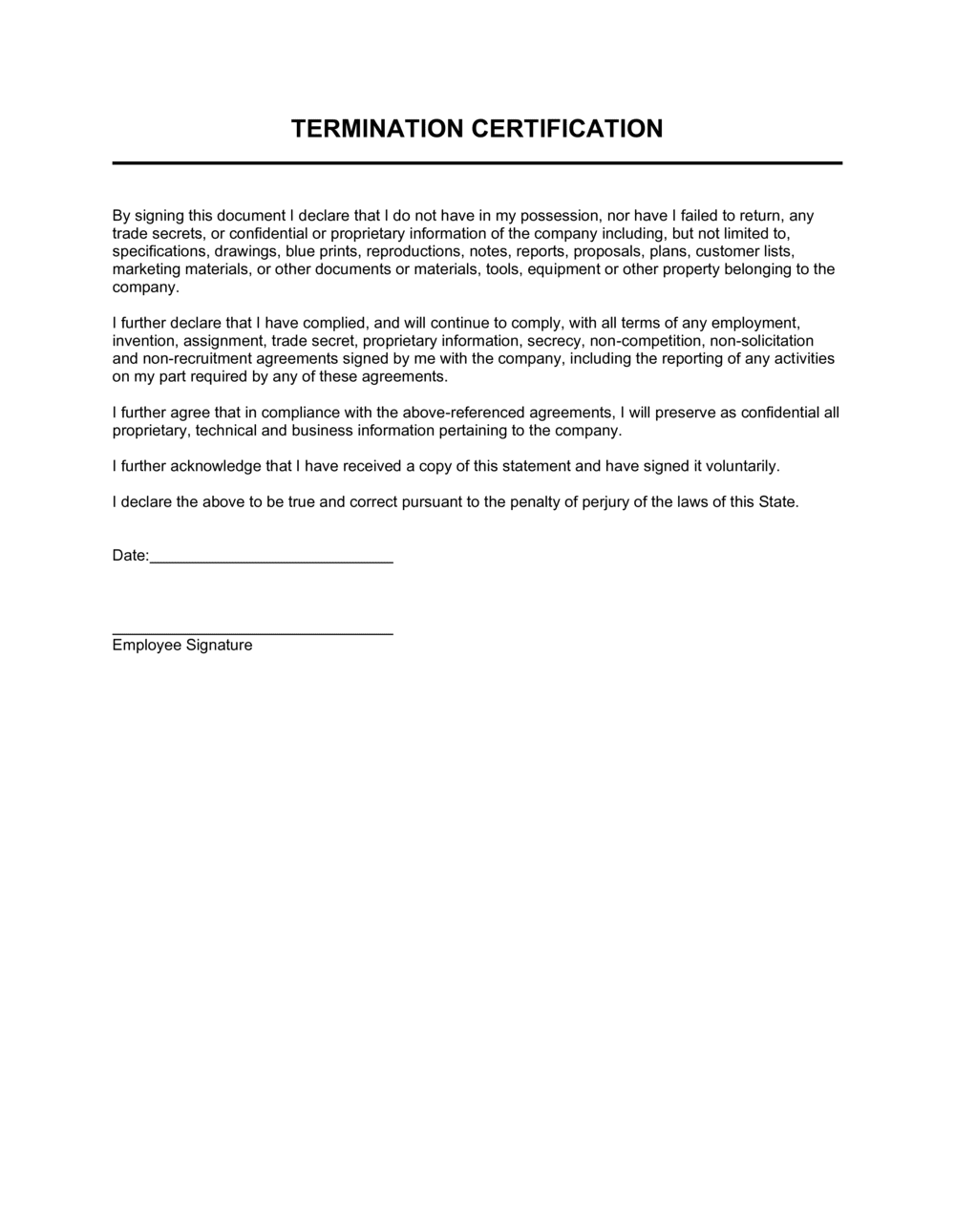 Termination Certification Template Download 