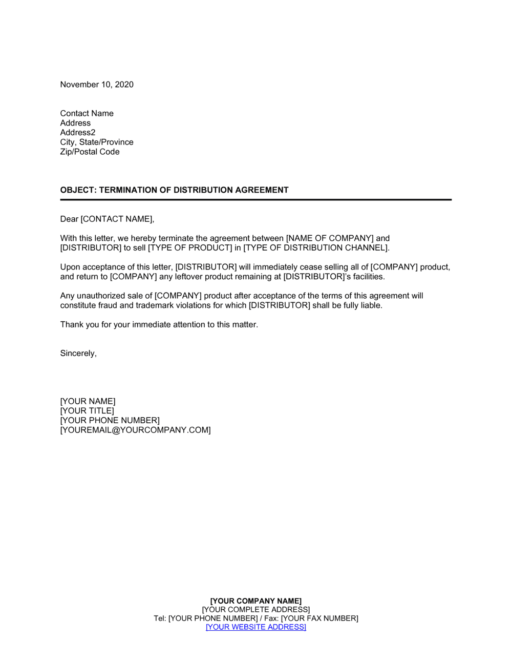 Termination Of Distribution Agreement Template By Business In A Box