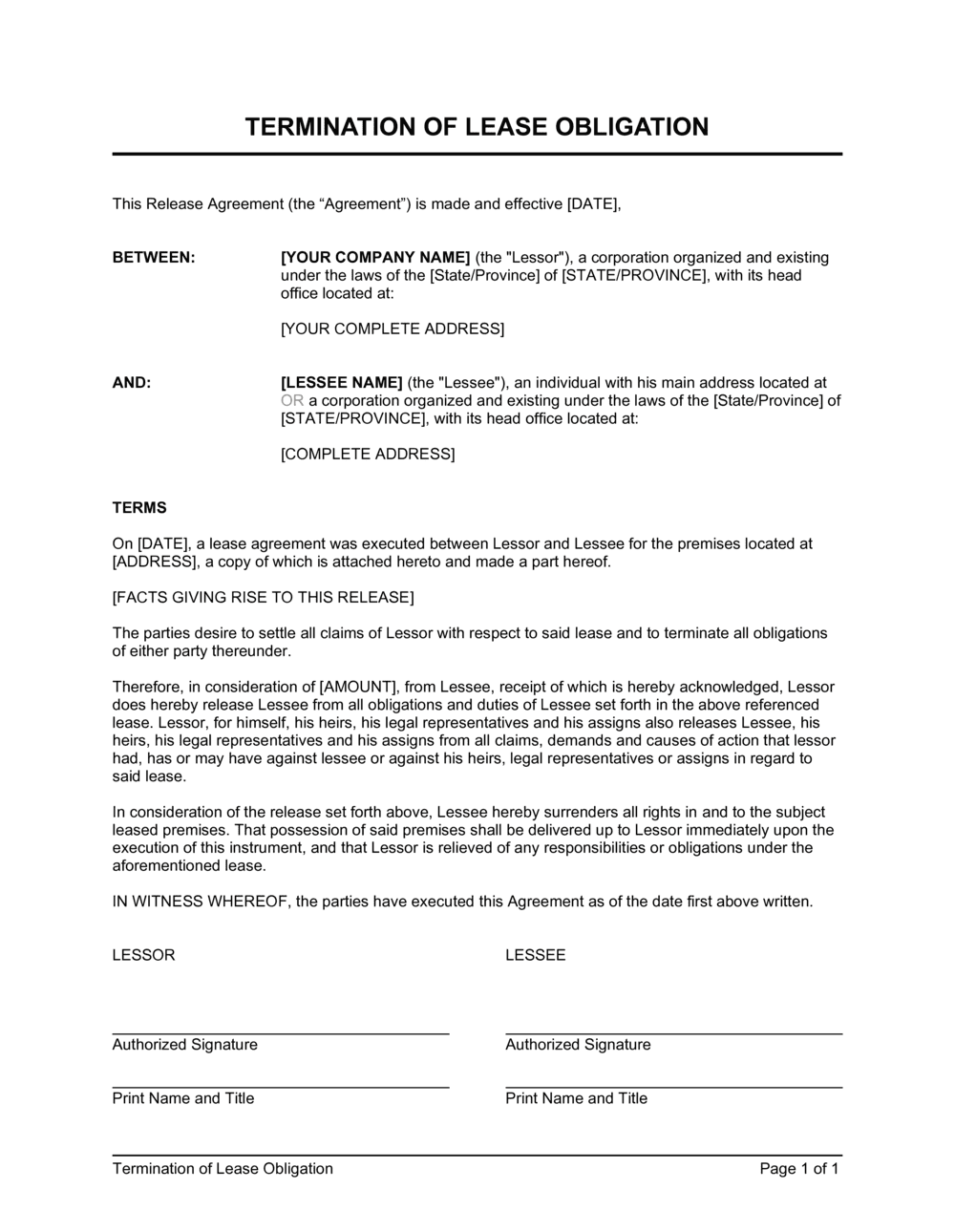 Termination of Lease Obligation Template  by Business-in-a-Box™ In cancellation of lease agreement template