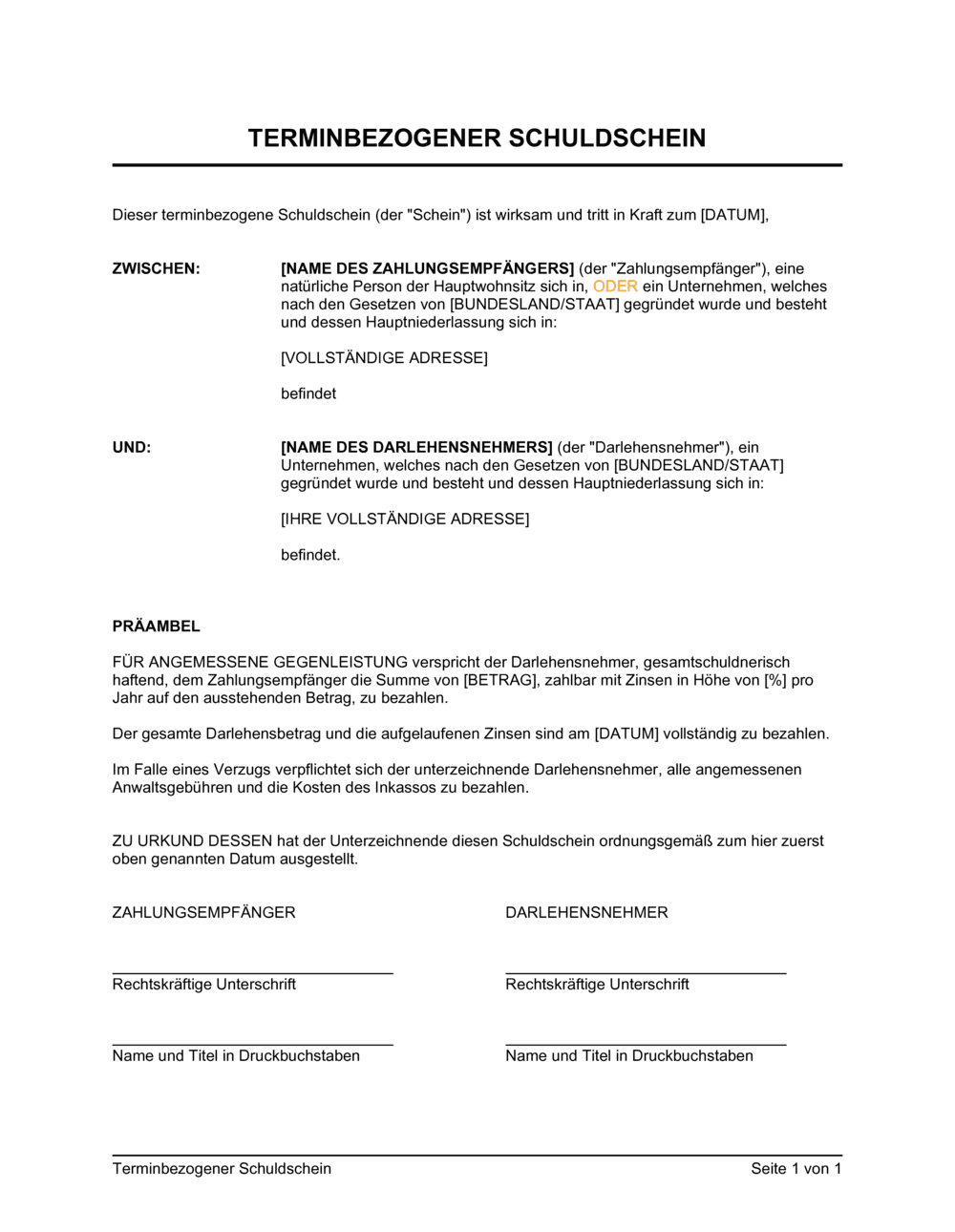 Business-in-a-Box's Terminbezogener Schuldschein