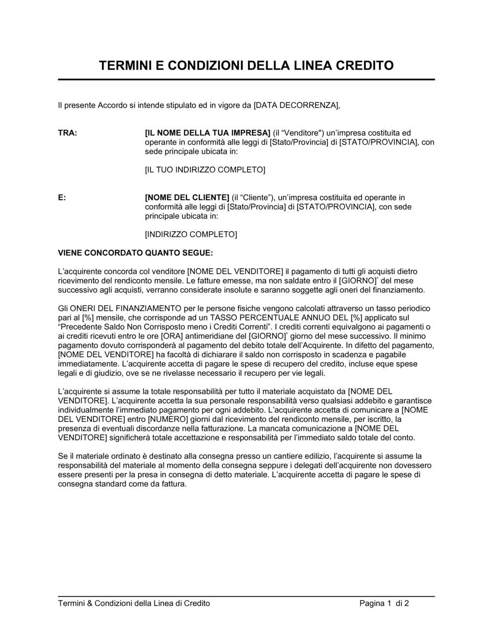 Business-in-a-Box's Termini e condizioni della linea di credito