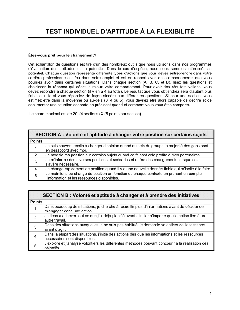Business-in-a-Box's Test individuel d'aptitude à la flexibilité