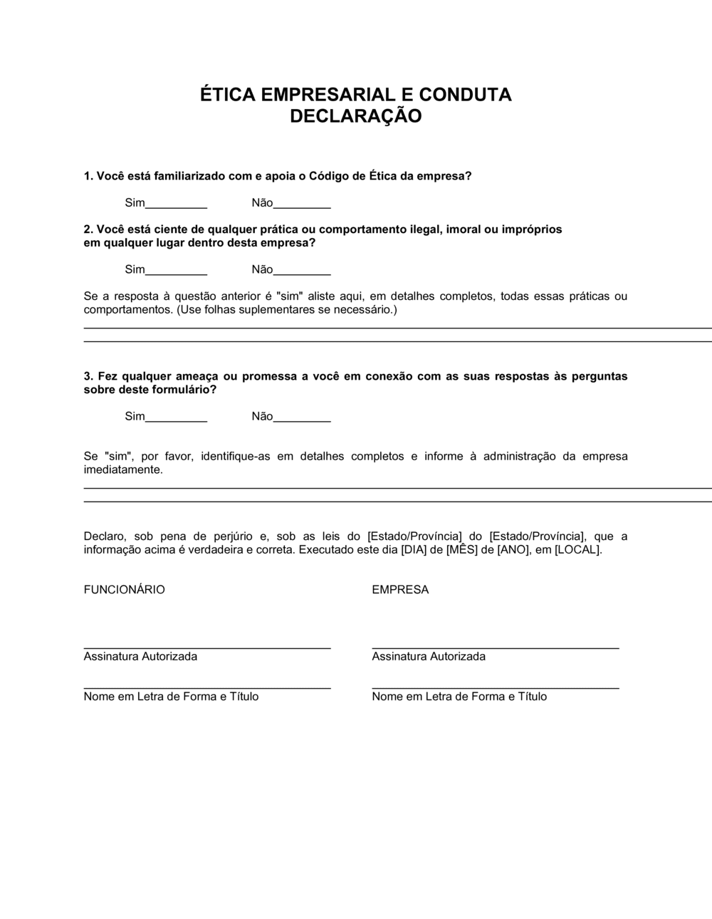 Business-in-a-Box's Testamento de Ética Comercial e Revelação de Conduta