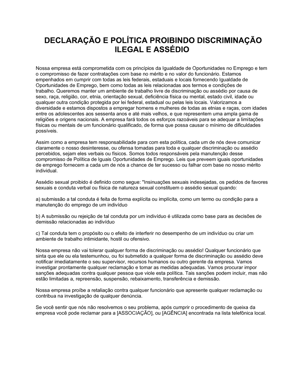 Business-in-a-Box's Testamento e Política Proibindo Discriminação Ilegal