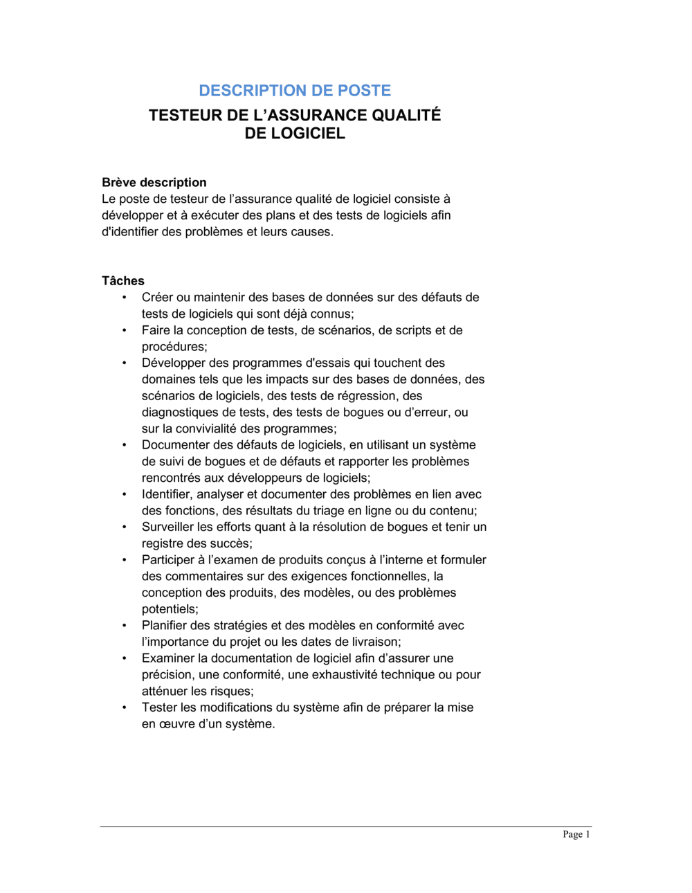 Business-in-a-Box's Testeur de l'assurance qualité (logiciel) Description de poste