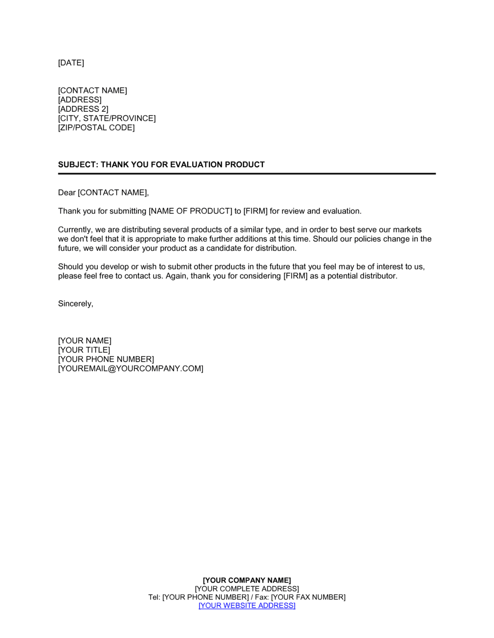 Business-in-a-Box's Thank You for Evaluation Product, Product Similar, Declined Template