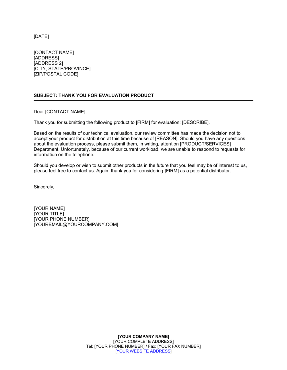 Business-in-a-Box's Thank You for Evaluation Product, Product Unacceptable Template