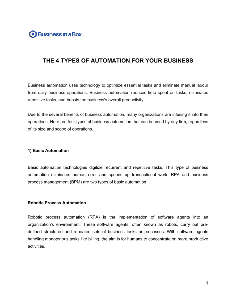 Business-in-a-Box's The 4 Types Of Automation For Your Business Template
