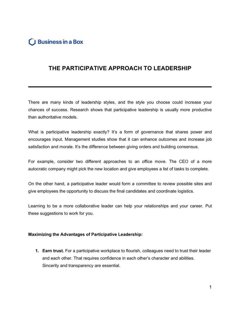 Business-in-a-Box's The Participative Approach To Leadership Template