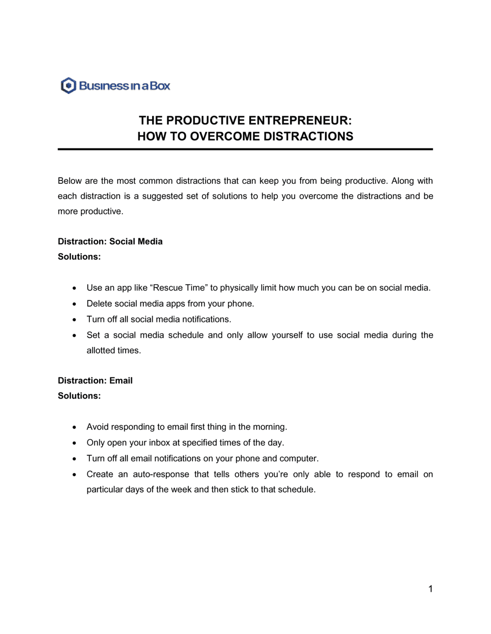 Business-in-a-Box's The Productive Entrepreneur How To Overcome Distractions Template