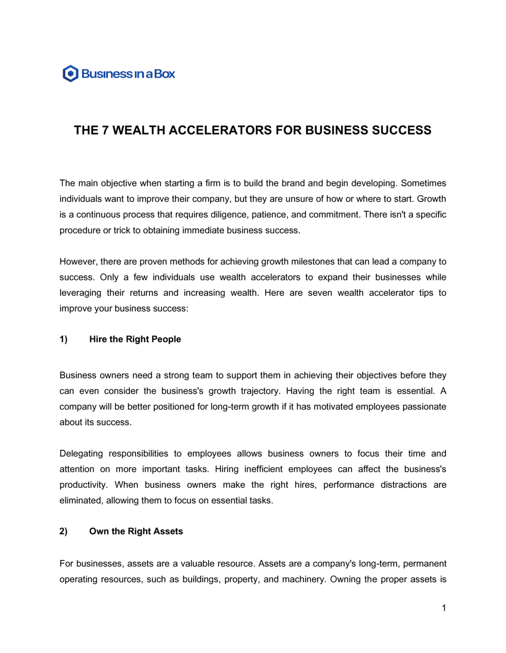 Business-in-a-Box's The Seven Wealth Accelerators For Business Success Template
