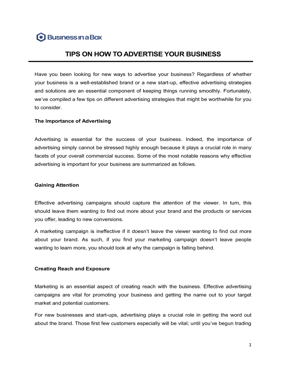 Business-in-a-Box's Tips On How To Advertise Your Business Template