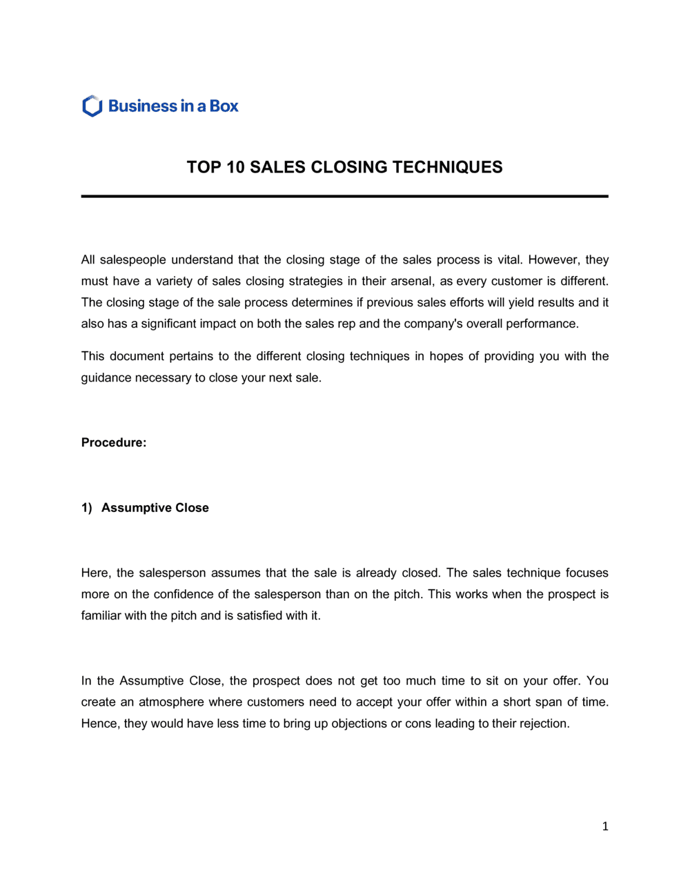 Business-in-a-Box's Top 10 Sales Closing Techniques Template