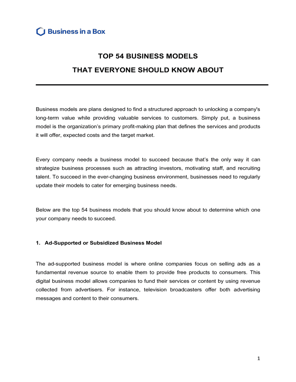 Business-in-a-Box's Top 54 Business Models Template