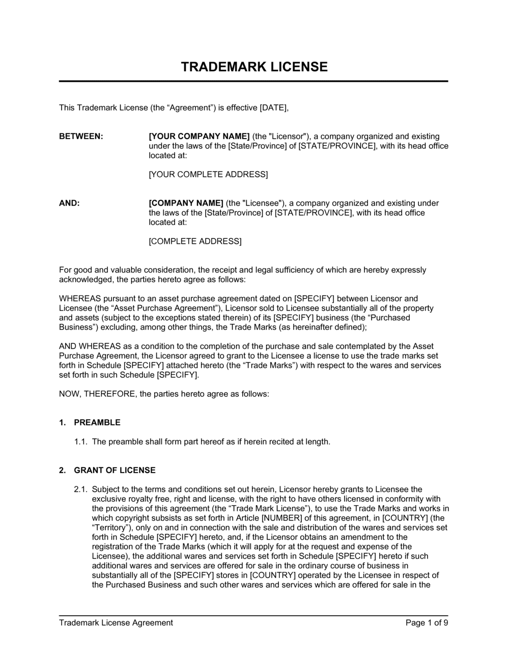 Trademark License Agreement Template 