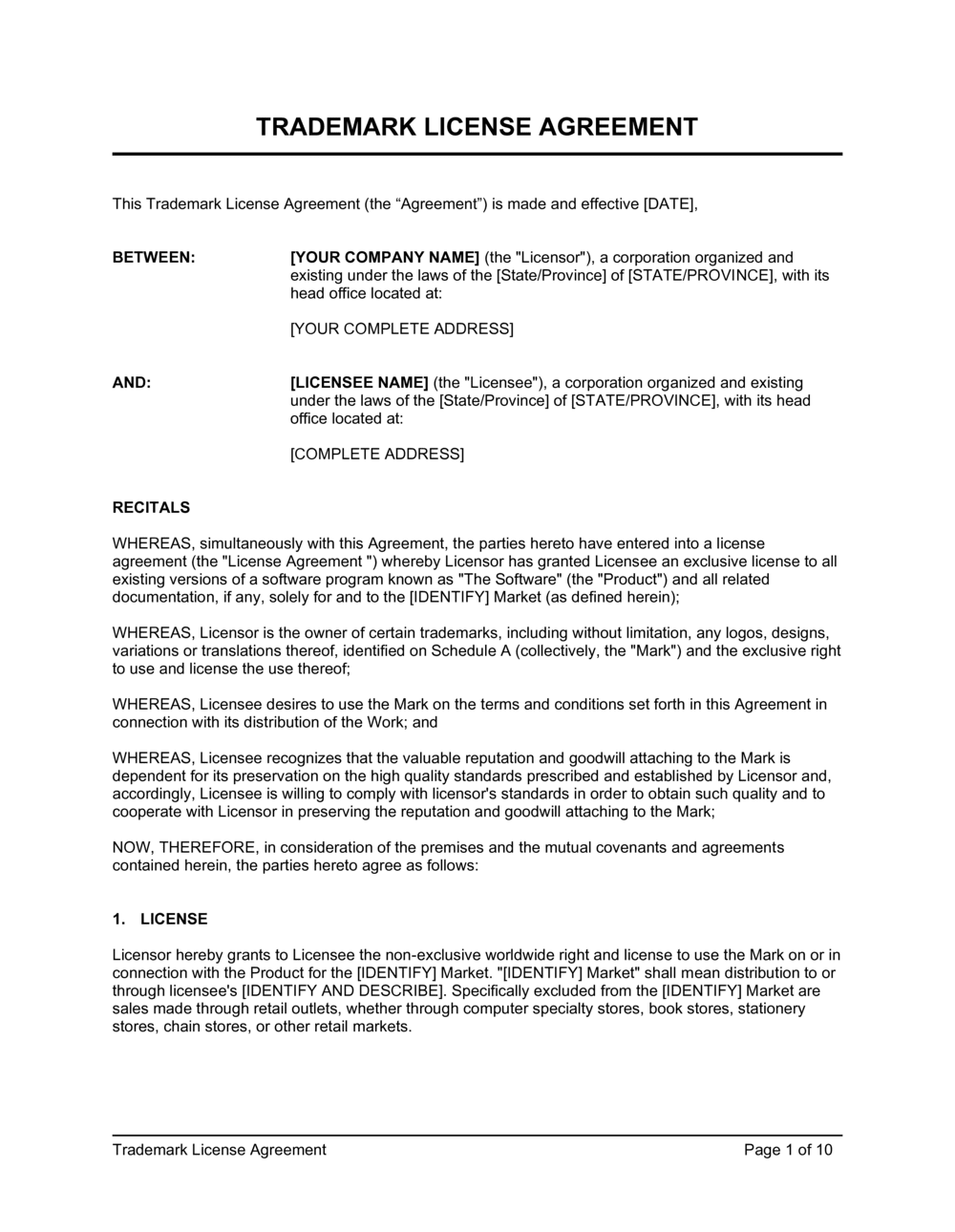 Trademark License Agreement Template