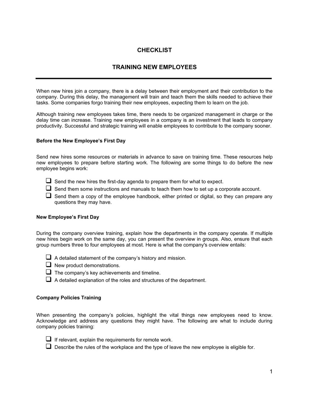Business-in-a-Box's Training New Employees Checklist Template