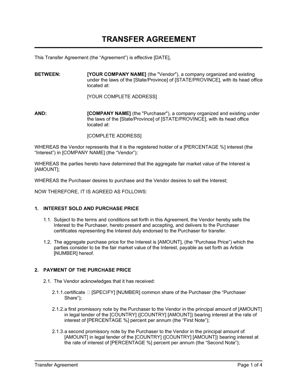 Transfer Agreement Intercompanies Template  by Business-in-a-Box™ Within credit assignment agreement template
