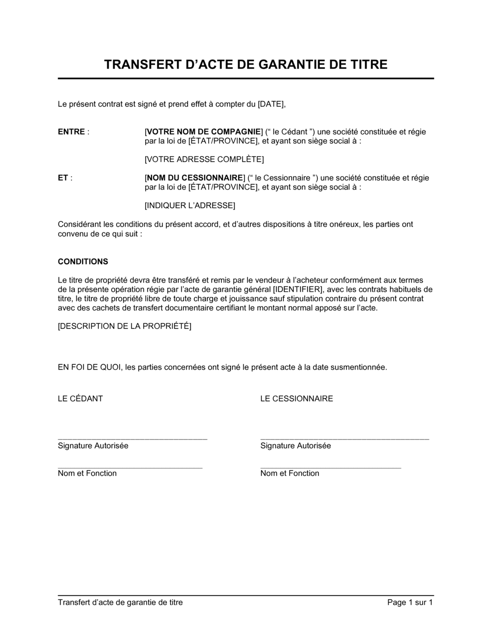 Business-in-a-Box's Transfert d'acte de garantie de titre