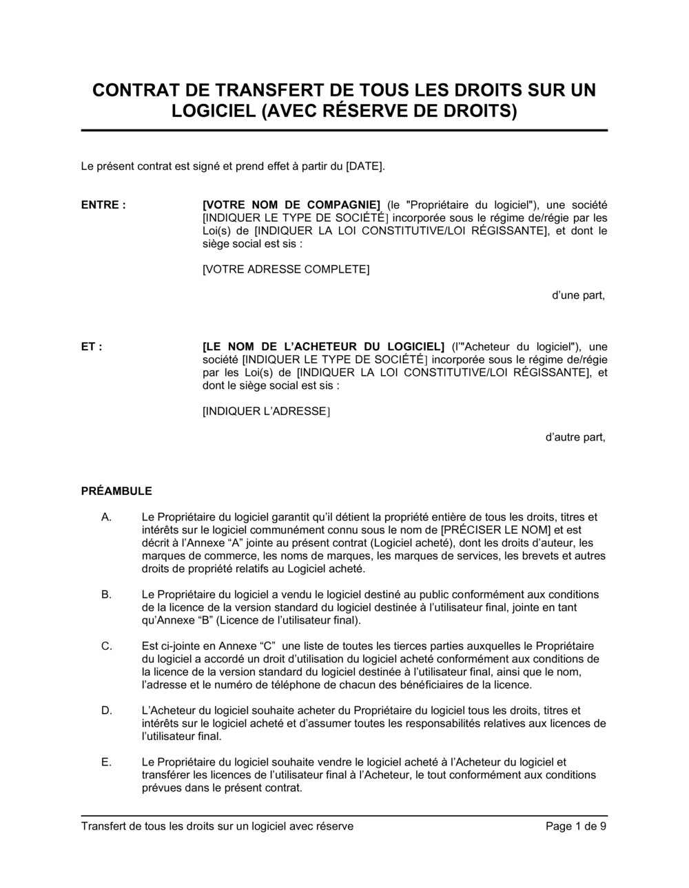 Business-in-a-Box's Transfert de tous les droits sur logiciel avec réserve