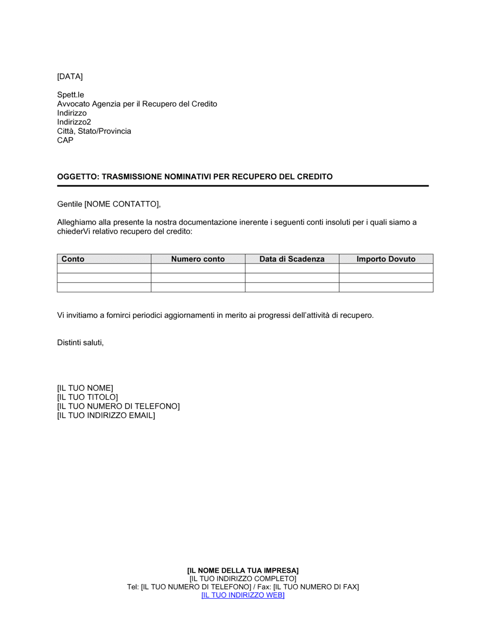 Business-in-a-Box's Trasmissione dei nominativi per il recupero del credito