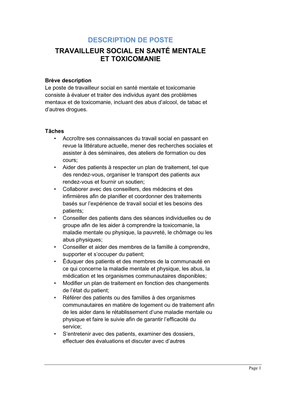 Business-in-a-Box's Travailleur social en santé mentale et toxicomanie Description de poste