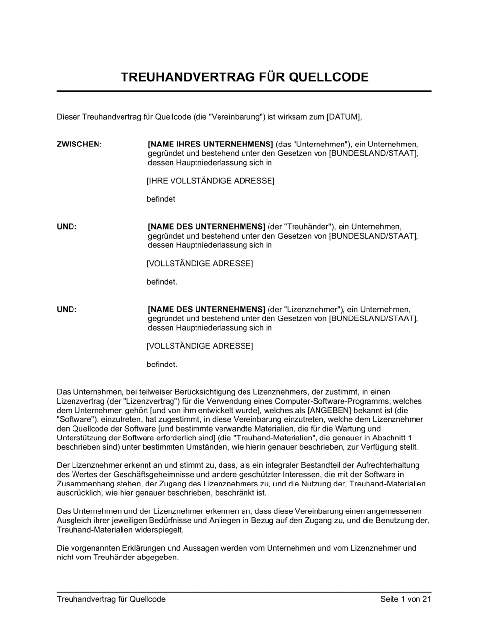 Business-in-a-Box's Treuhandvertrag für Quellcode