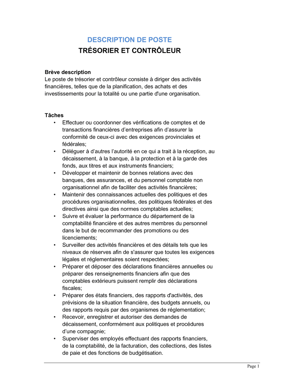 Business-in-a-Box's Trésorier et contrôleur Description de poste