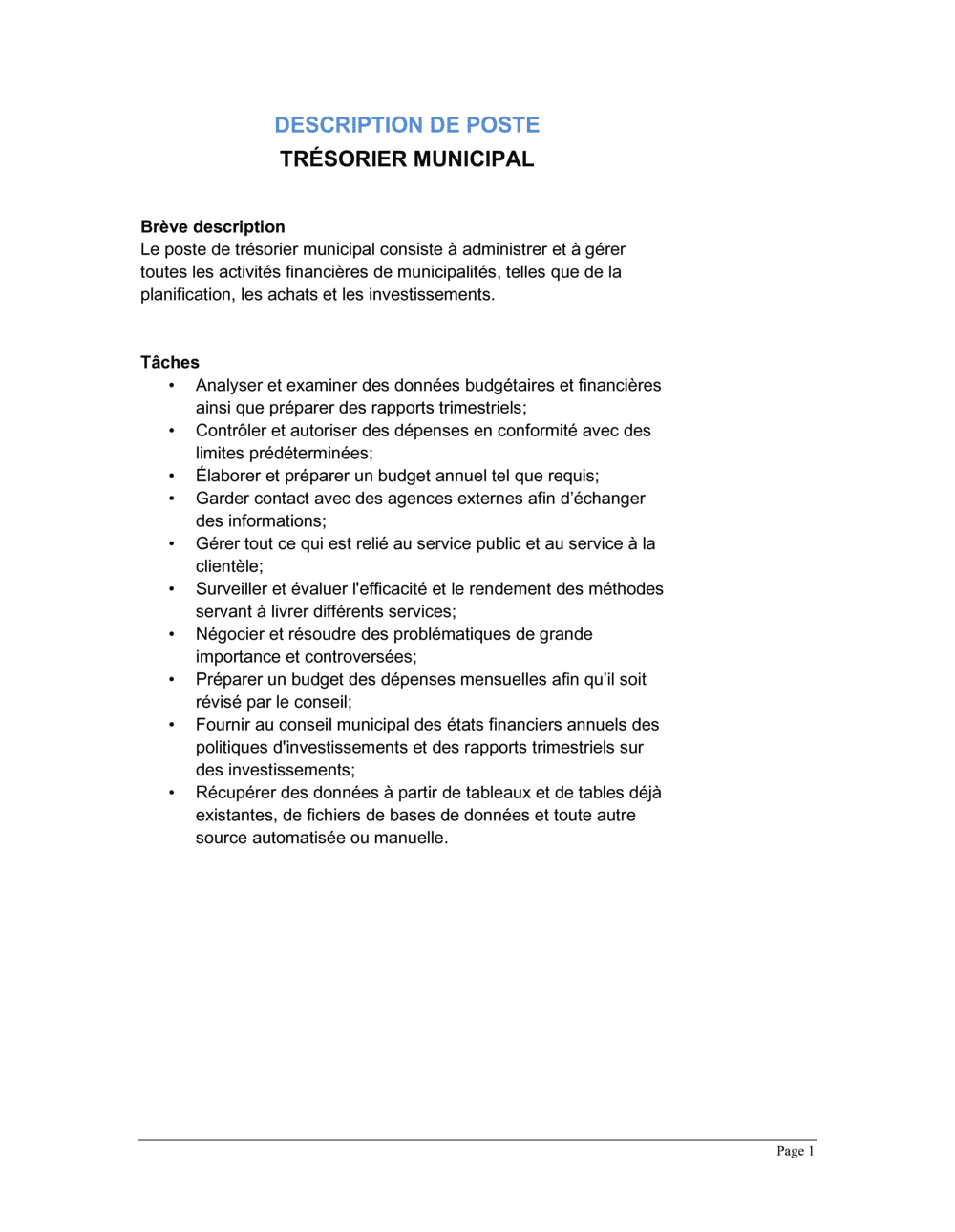 Business-in-a-Box's Trésorier municipal Description de poste