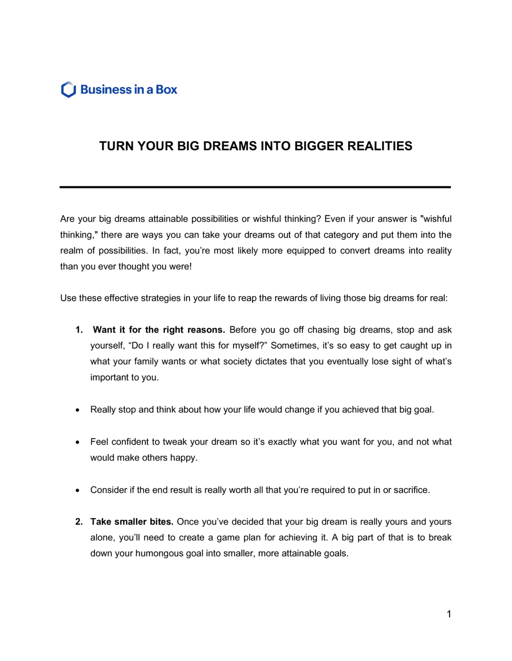 Business-in-a-Box's Turn Your Big Dreams Into Bigger Realities Template