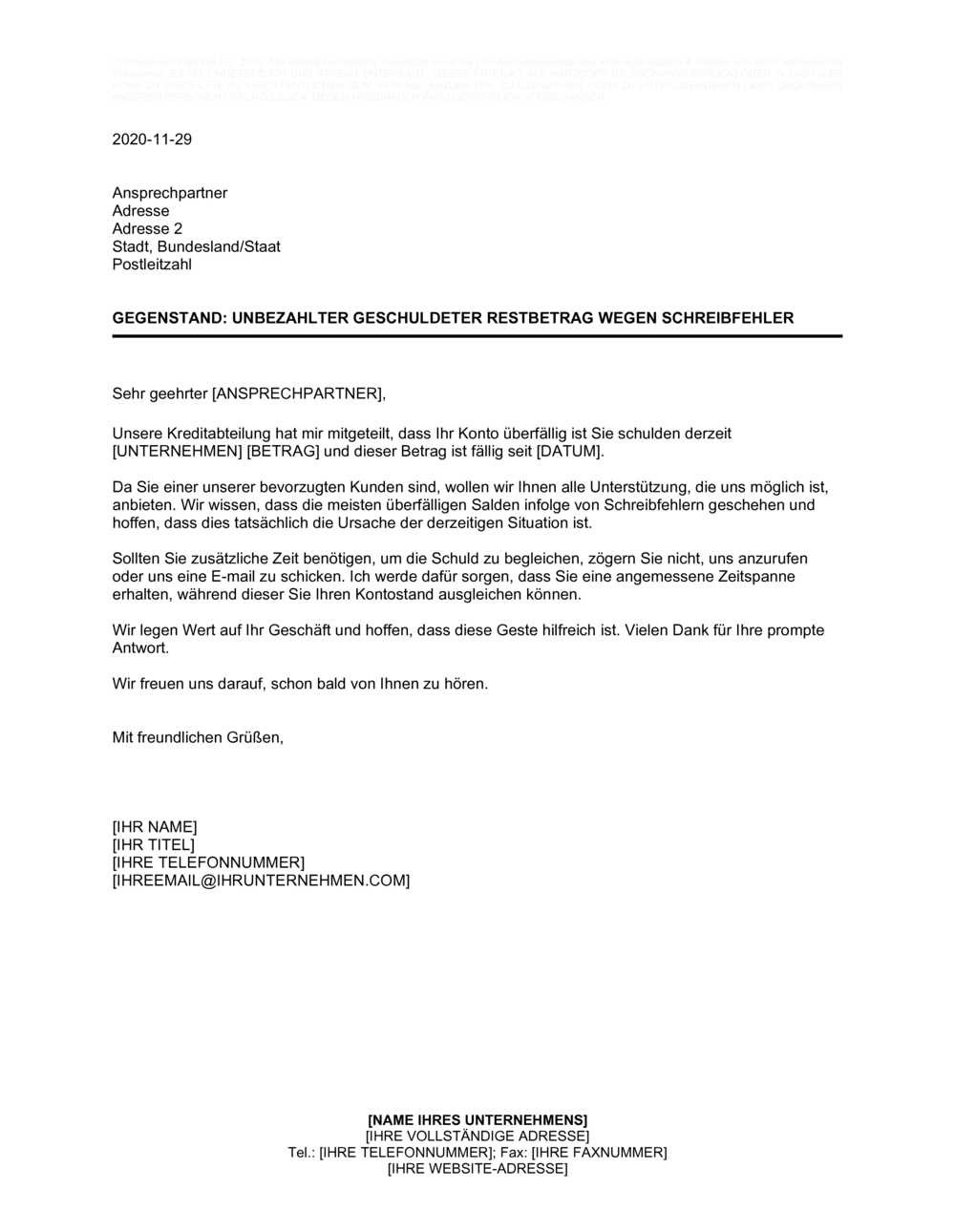 Business-in-a-Box's Unbezahlter geschuldeter Betrag wegen Schreibfehler