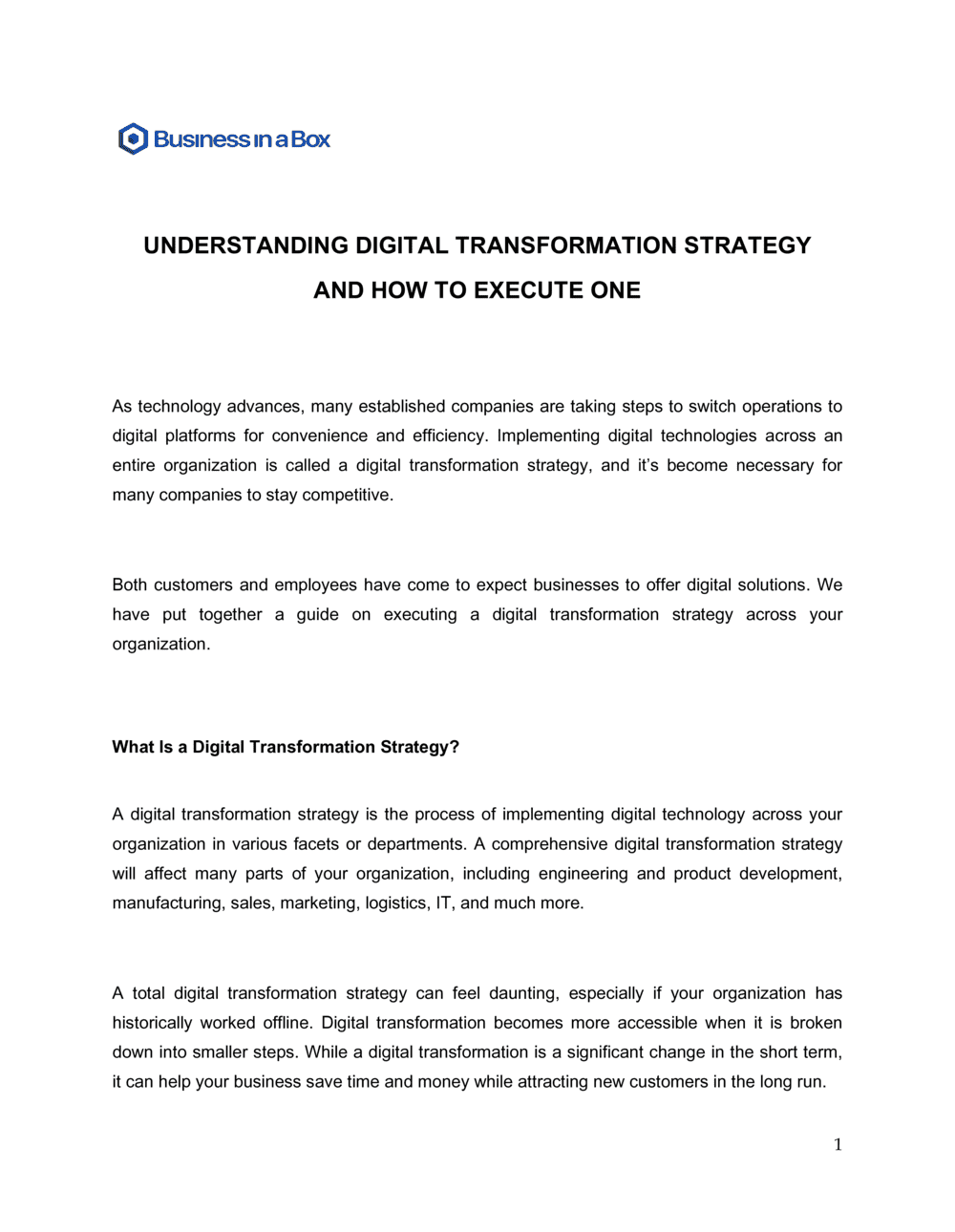 Business-in-a-Box's Understanding Digital Transformation Strategy and How To Execute One Template