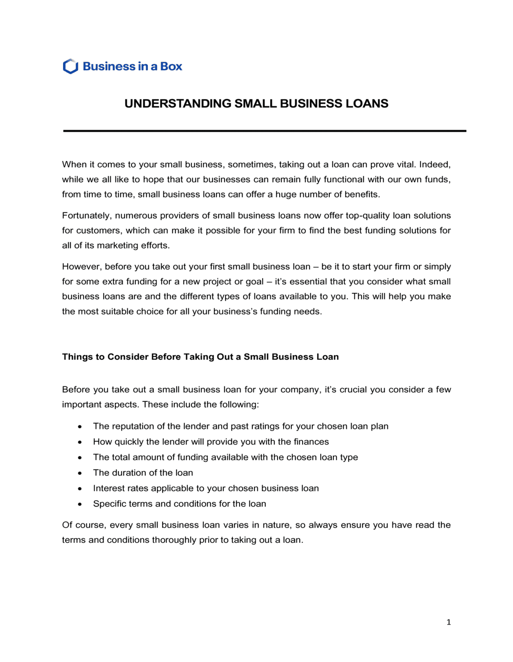 Business-in-a-Box's Understanding Small Business Loans Template