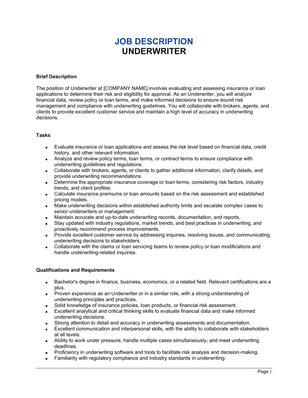 Business-in-a-Box's Underwriter Job Description Template