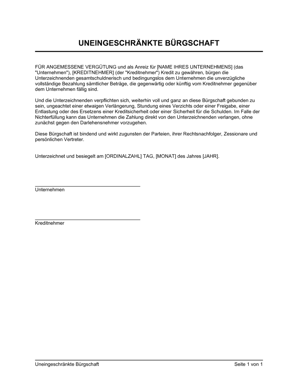 Business-in-a-Box's Uneingeschränkte Bürgschaft