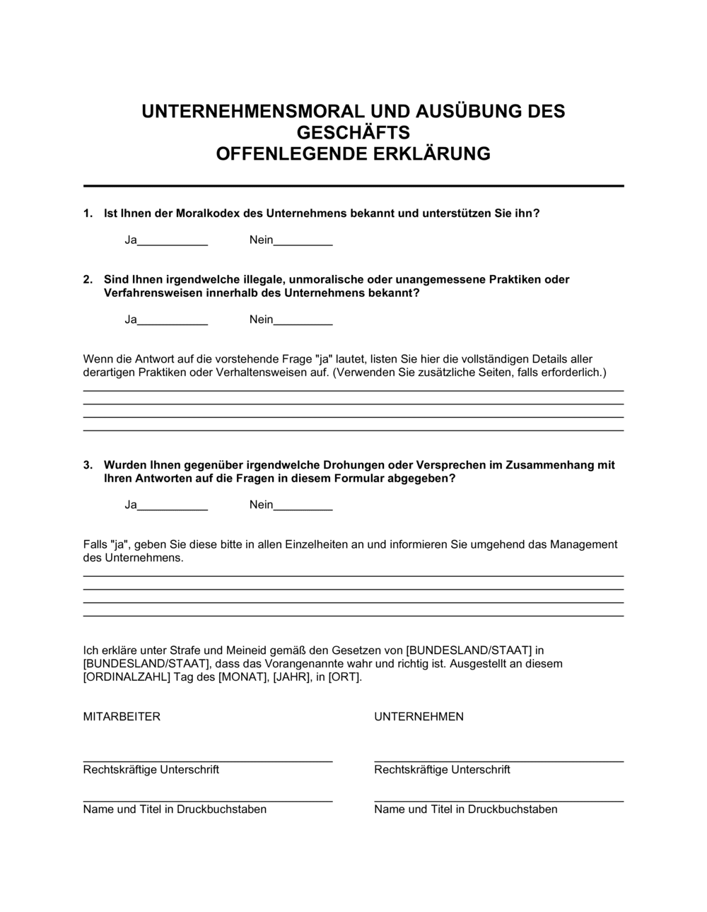 Business-in-a-Box's Unternehmensmoral und Ausübung des Geschäfts - Offenlegende Erklärung