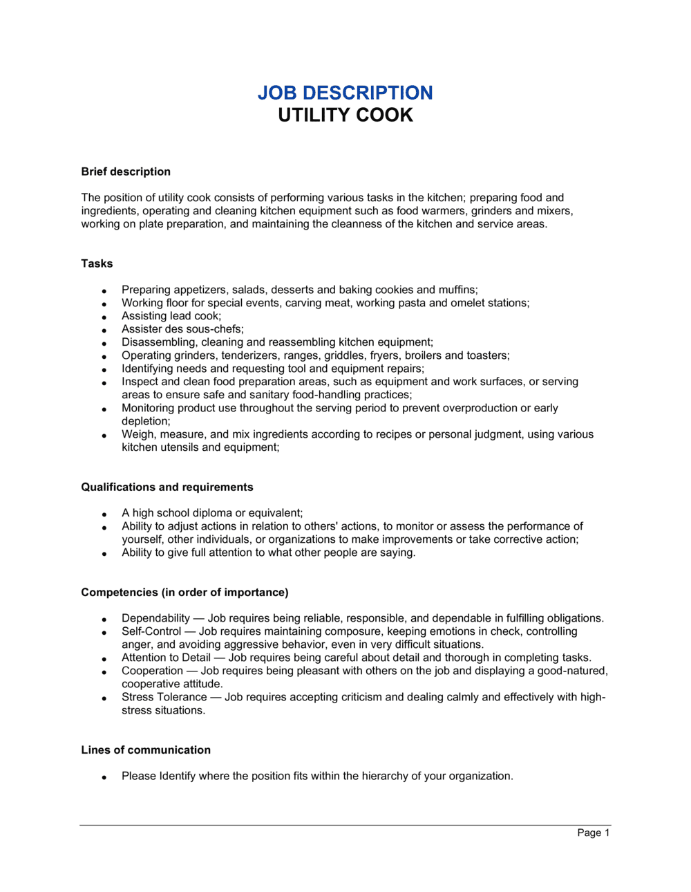 Utility Cook Job Description Template By Business in a Box 