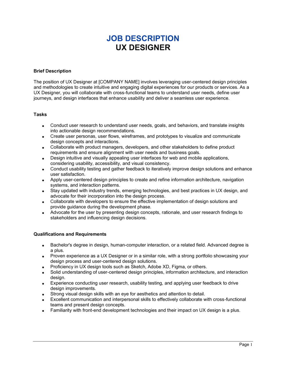 UX Designer Job Description Template