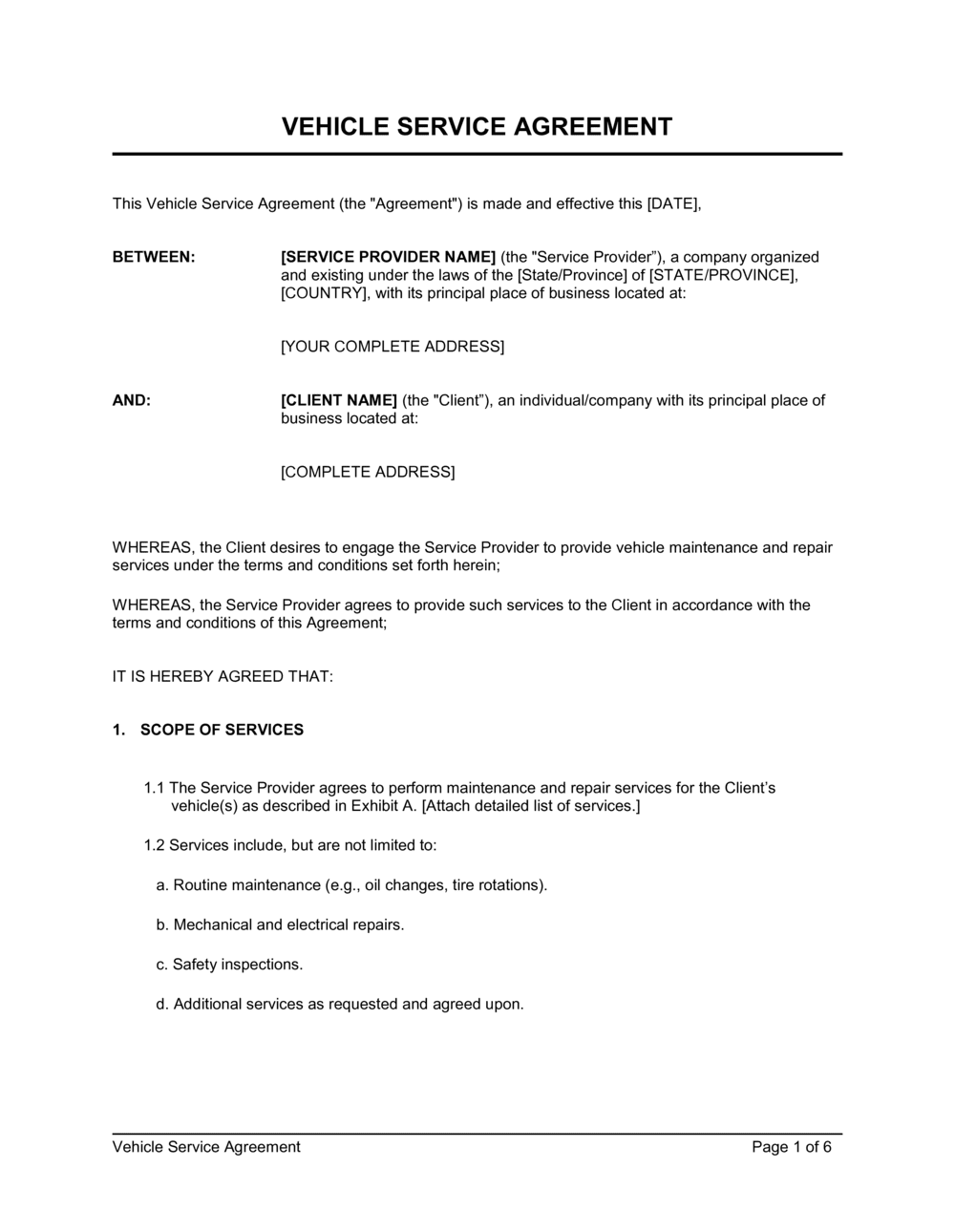 Business-in-a-Box's Vehicle Service Agreement Template