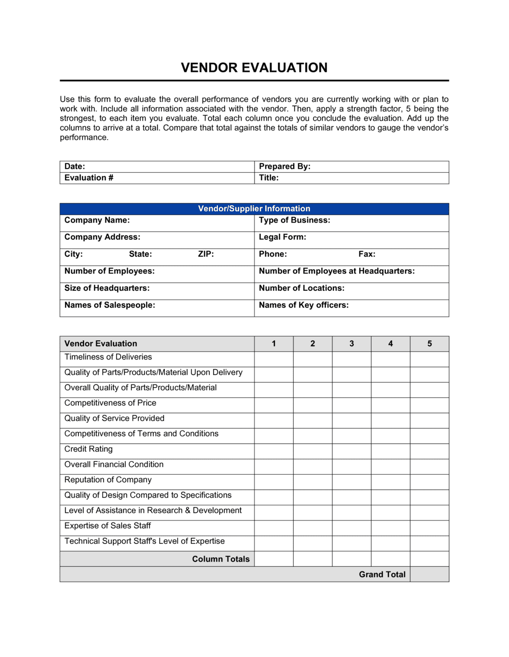 Vendor Evaluation Template  by Business-in-a-Box™ Throughout Blank Evaluation Form Template