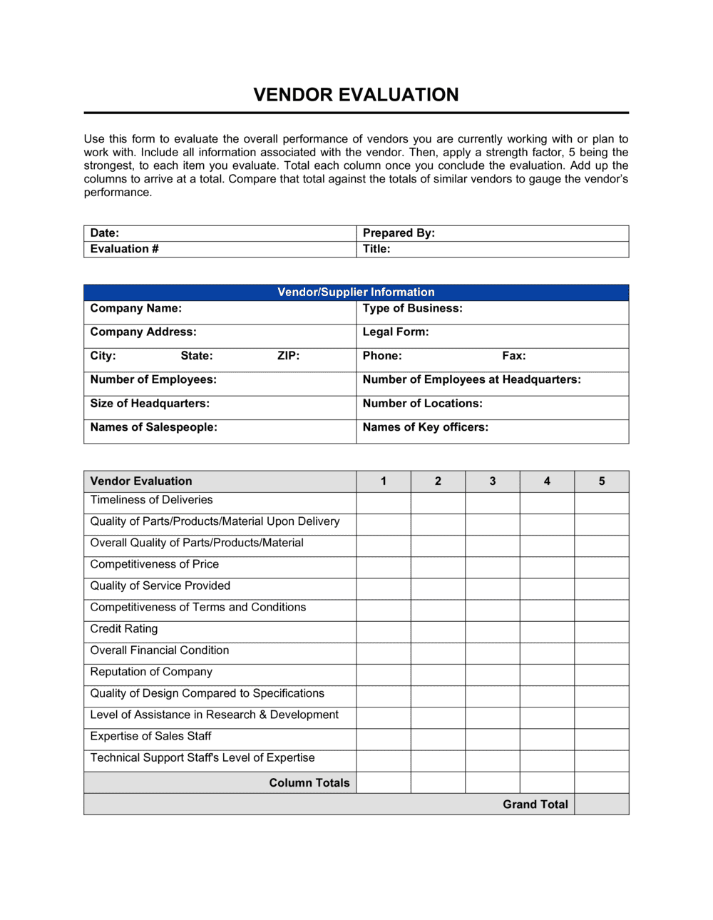 Vendor Evaluation Template By Business In A Box