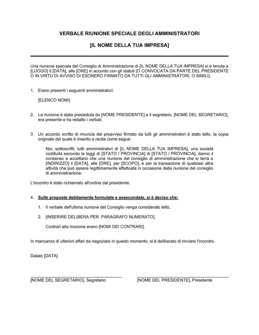 Business-in-a-Box's Verbale riunione consiglio di amministrazione speciale